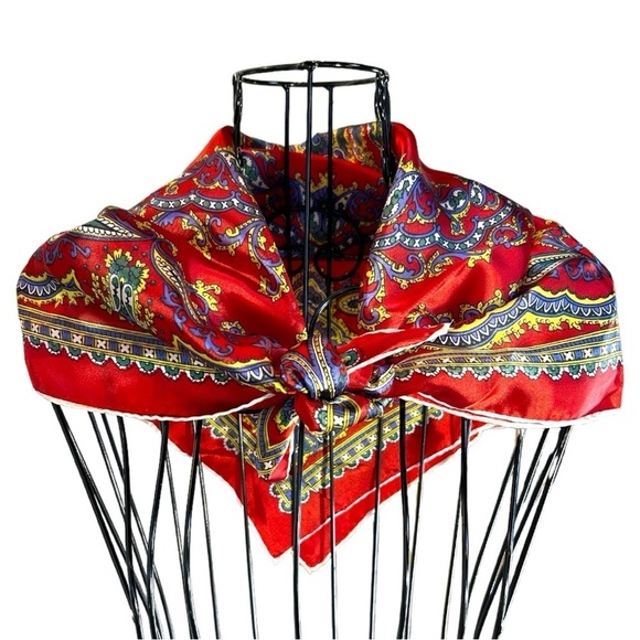 Vintage Red Paisley Rolled Edge Square Scarf - Picture 2 of 10